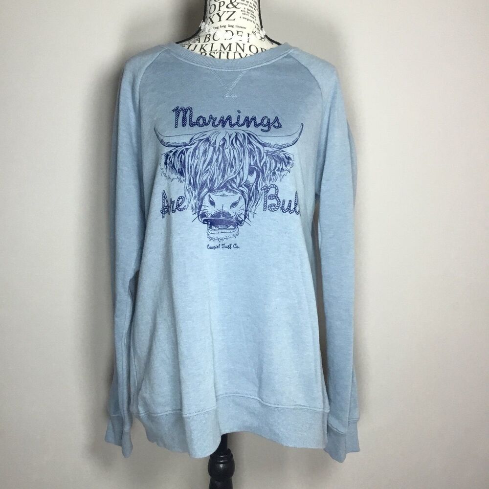 “Mornings are bull” slouchy sweatshirt light blue soft cozy Cowgirl country L